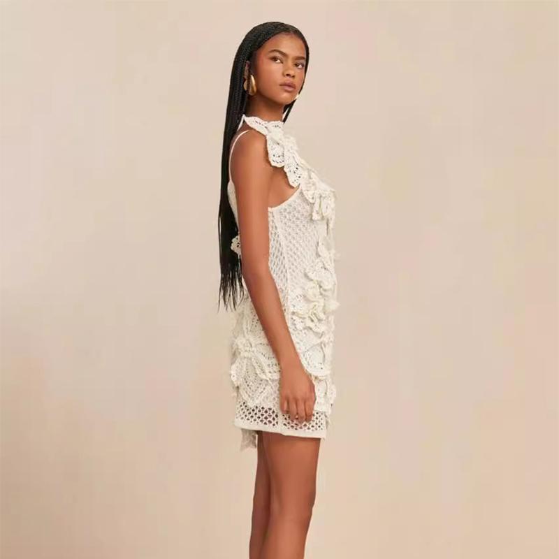 Knit Hollow Hanging Neck Dress Crochet Embroidery 3D Flower Creative Design Women Slim Sexy Backless Lace Up Short Dress Sweet Knit Dress New Fashion