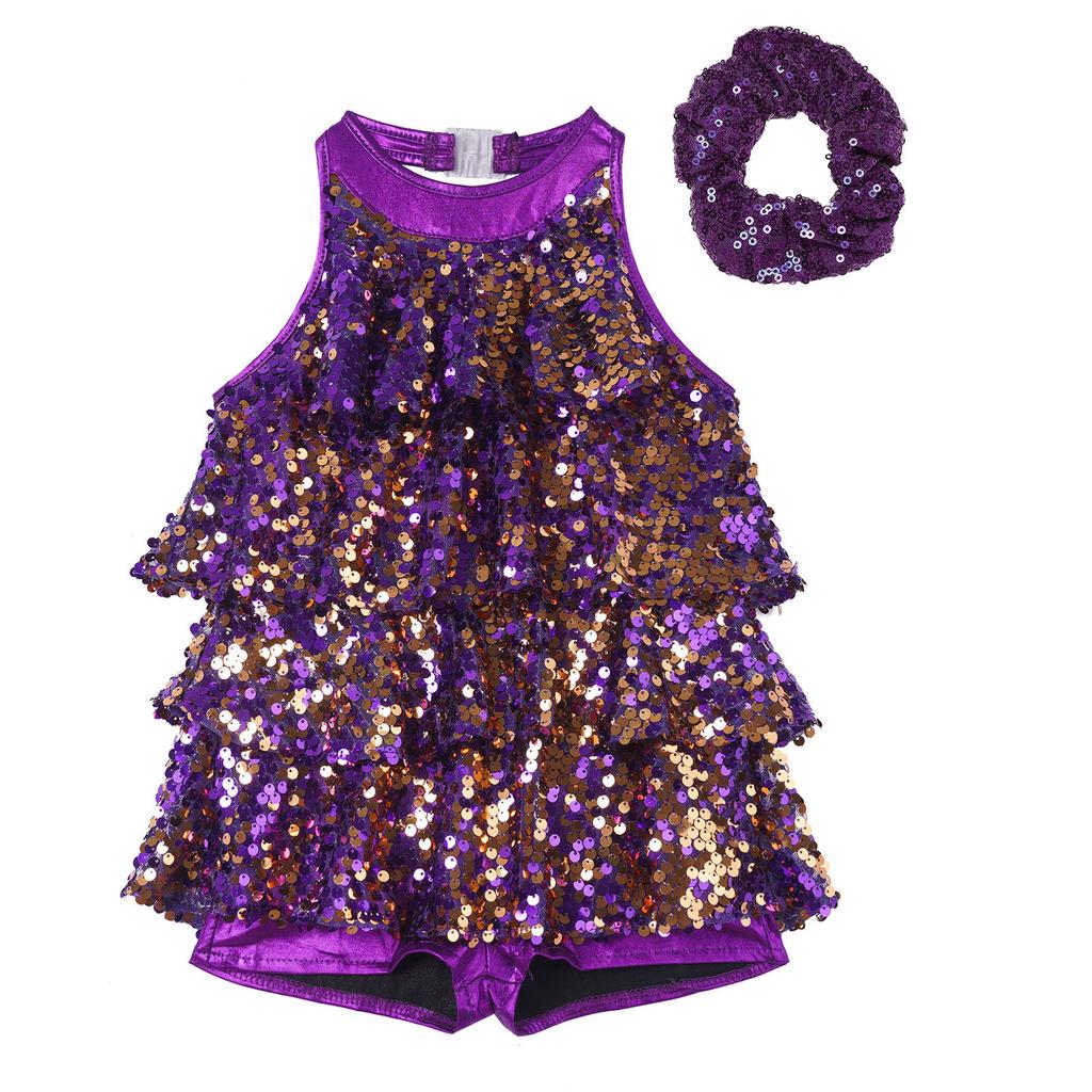 Kids Girls Shiny Sequined Dance Leotard Dress with Hair Band Jazz Latin Dance Performance Costume