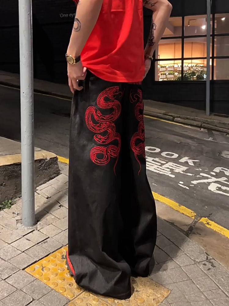 ZYLLO Американский Красный Вышитые Джинсы Ретро Широкие Брюки в Пол Большого Размера Тяжелый Индустриальный Дизайн Сенсорная Уличная Одежда