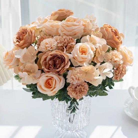 Artificial Rose Bouquet Realistic Fake Silk Flower With Green Leaves Home Wedding