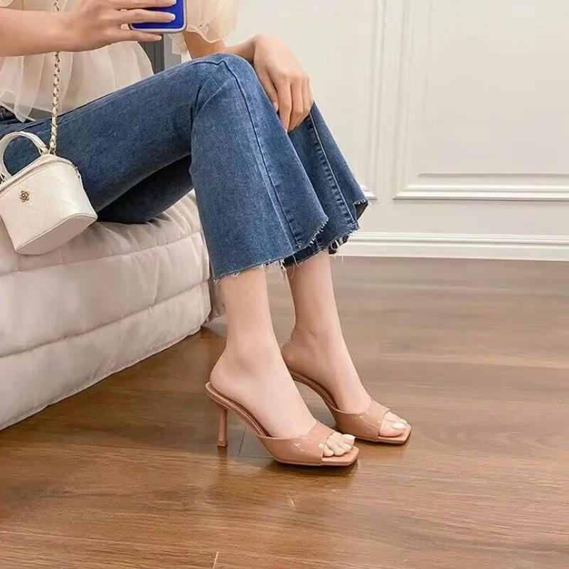 Женские тапочки, большие размеры 42, летние мюли с квадратным носком и тонким каблуком, женские тапочки для улицы, туфли для вечеринок, женская обувь