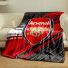 Diagonal stripes in shades of black, red, and white behind a shield logo. for all seasons blanket lunch break throw gift