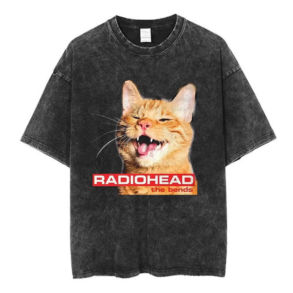 Rock Band Radiohead The Bend Забавная Кошка Винтажные Стираные Футболки Мужские Женские Мода Хип-Хоп Футболки Хлопок Мужская Футболка Уличная Одежда