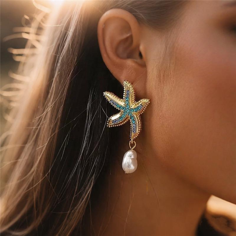 Богемные серьги-подвески в виде морской звезды с жемчугом и синими стразами для женщин, украшения в виде морской звезды, летние, праздничные, пляжные подарки