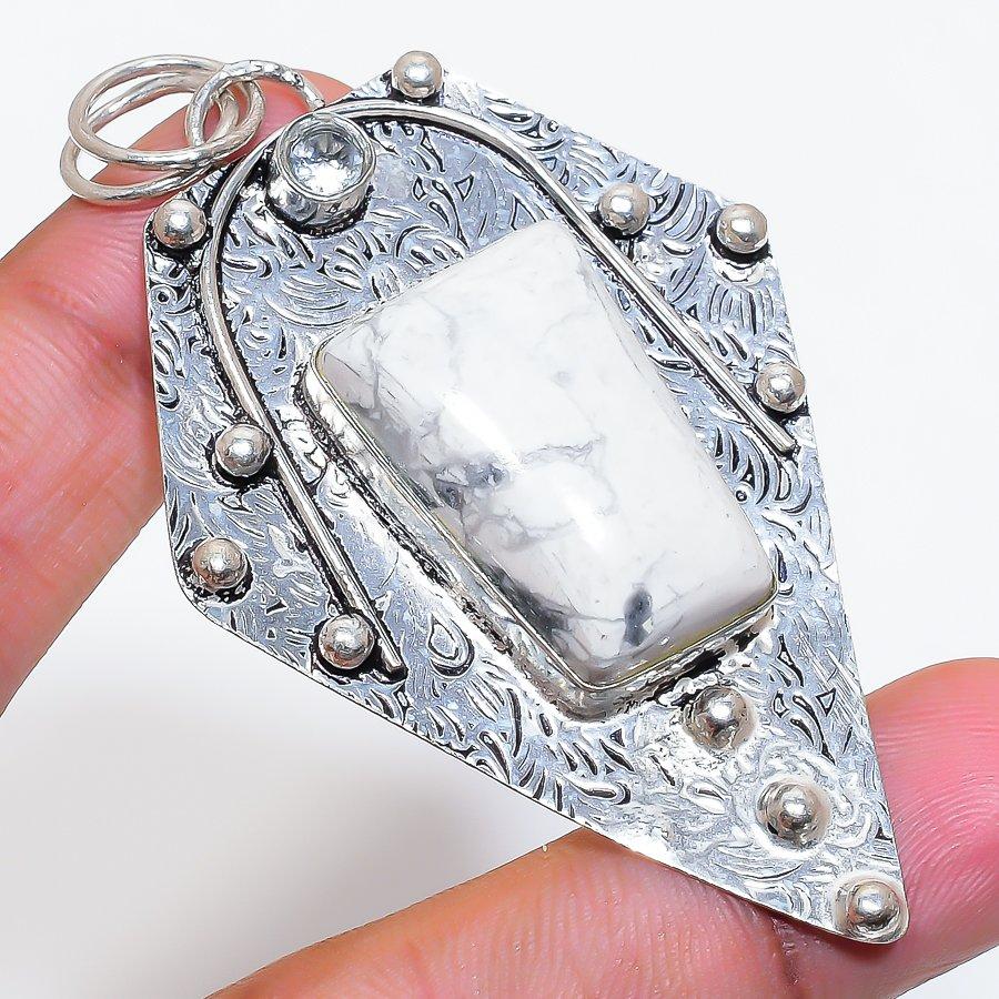 Natural Howlite Jasper, Topaz 925 Sterling Silver Jewelry Pendant 2.88" ZS-811