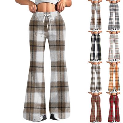 Женские модные свободные спортивные брюки с принтом в клетку и кулиской на талии, повседневные расклешенные брюки