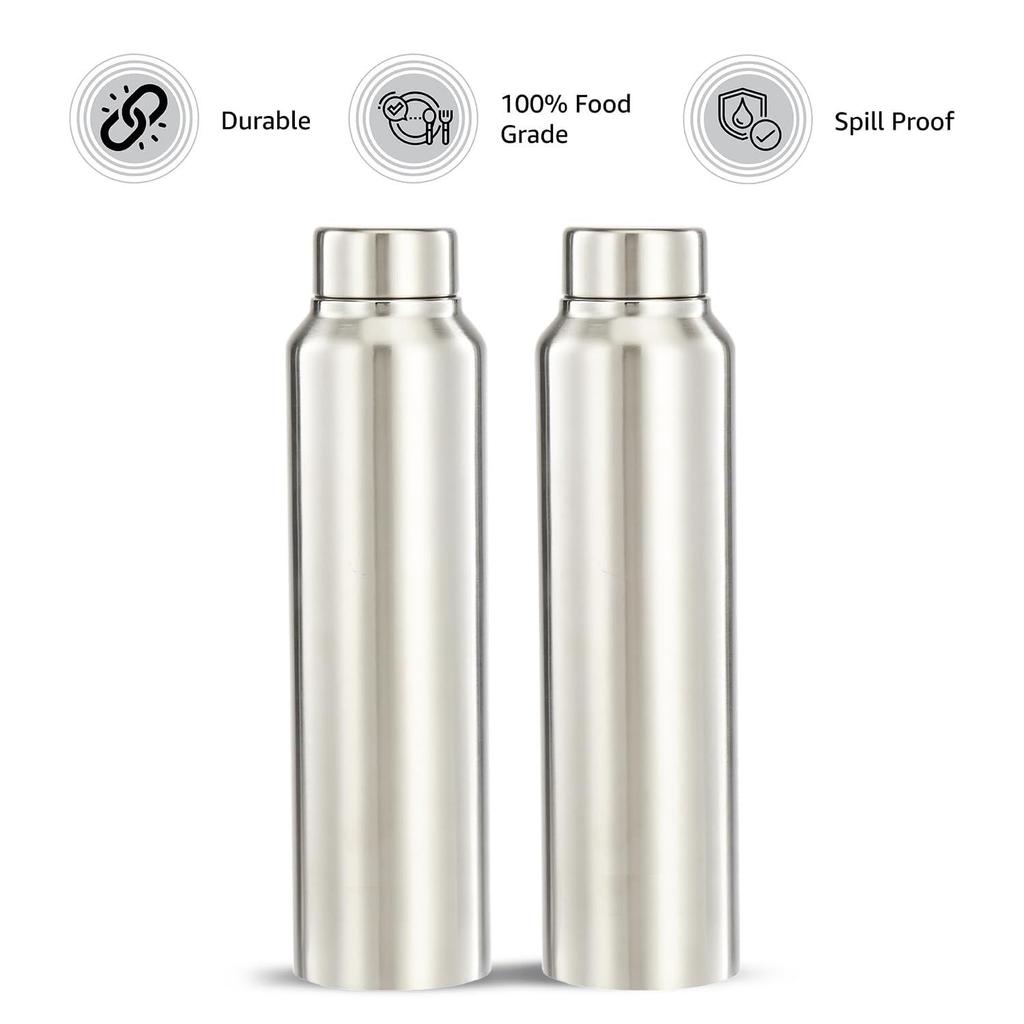Stainless Steel Water Bottle (Pack of 2) | BIS-Approved | 900ml (Silver Steel Finish)