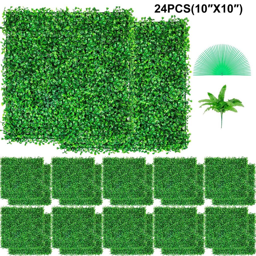 Artificial Boxwood Panel UV 24PCS Boxwood Hedge Wall Panels Artificial Grass Backdrop Wall 10"x10" 4 cm Green Grass Wall Fake Hedge for Decor Privacy