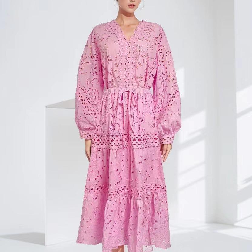 Комплект из топа с V-образным вырезом и рукавами-фонариками и ажурной юбки на резинке для женщин, осень 2023