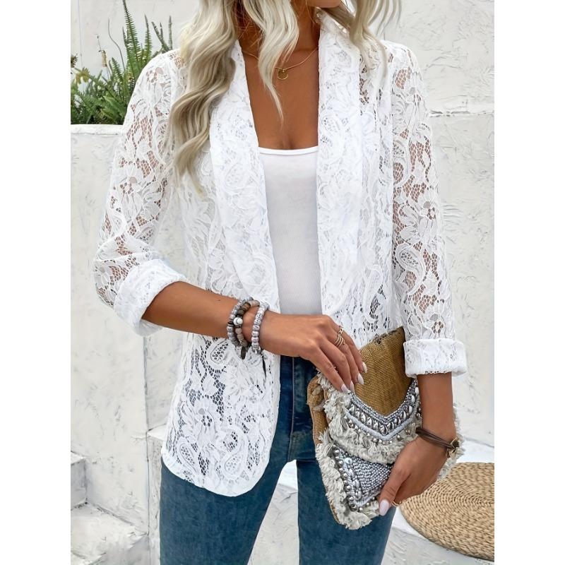 1 шт., женский шикарный кружевной блейзер с цветочным принтом, изысканный многослойный вид - длинный рукав, открытая передняя часть, идеально подходит для повседневной или рабочей одежды