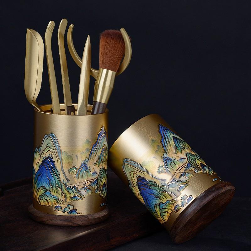 Brass Tea Ceremony Six Tools Set With Ebony Wood Handle Teaspoon Tongs Scoop Needle Pick Holder