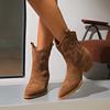 Autumn and Winter New Mid-tube Western Cowboy Boots Women's Suede Thick Heel Pointed Mouth, Thin Retro Martin Boots