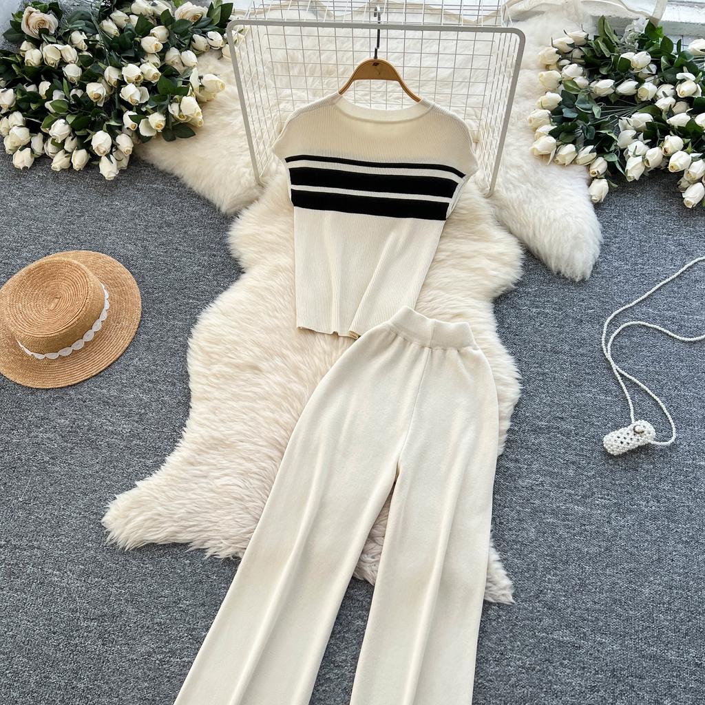 Летний женский повседневный полосатый трикотажный свитер, комплект из двух предметов, безрукавный пуловер и широкие брюки