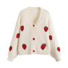 Осенняя женская одежда мода вышивка клубника вязаный свитер кардиган милый V-образный вырез фонарь длинный рукав свободные кардиганы пальто