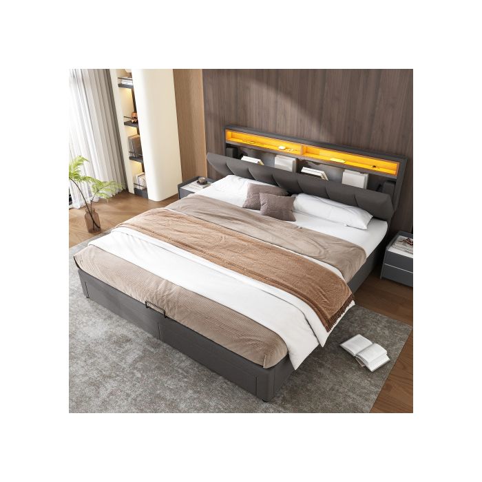 Lit double - MUVOE - 160x200 cm - Rembourré en lin - Éclairage LED - Gris intemporel