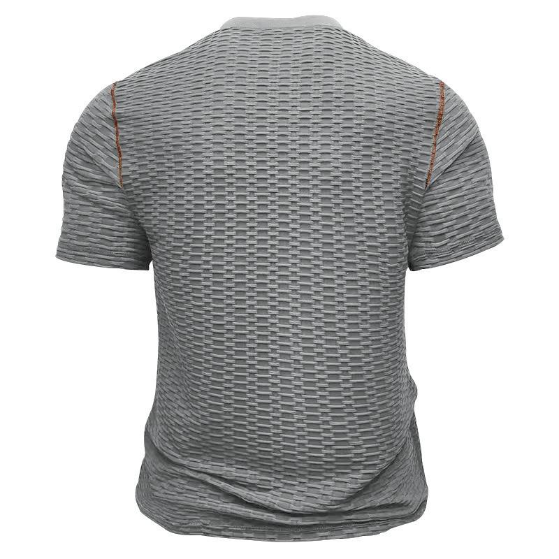 Men's Ribbed Button Henley T-Shirt, European American Casual Sport Short Sleeve Tee