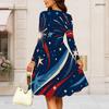 Women Plus Size Round Neck Long Sleeve Firework Printed Gathered Waist A Line Navy Blue Dress