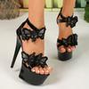 Fashion 15cm Mesh Butterfly High Platform Chunky Heel Sandals Open Toe Pink Black Bowties Thick Heel Dress Heels Wedding Pumps