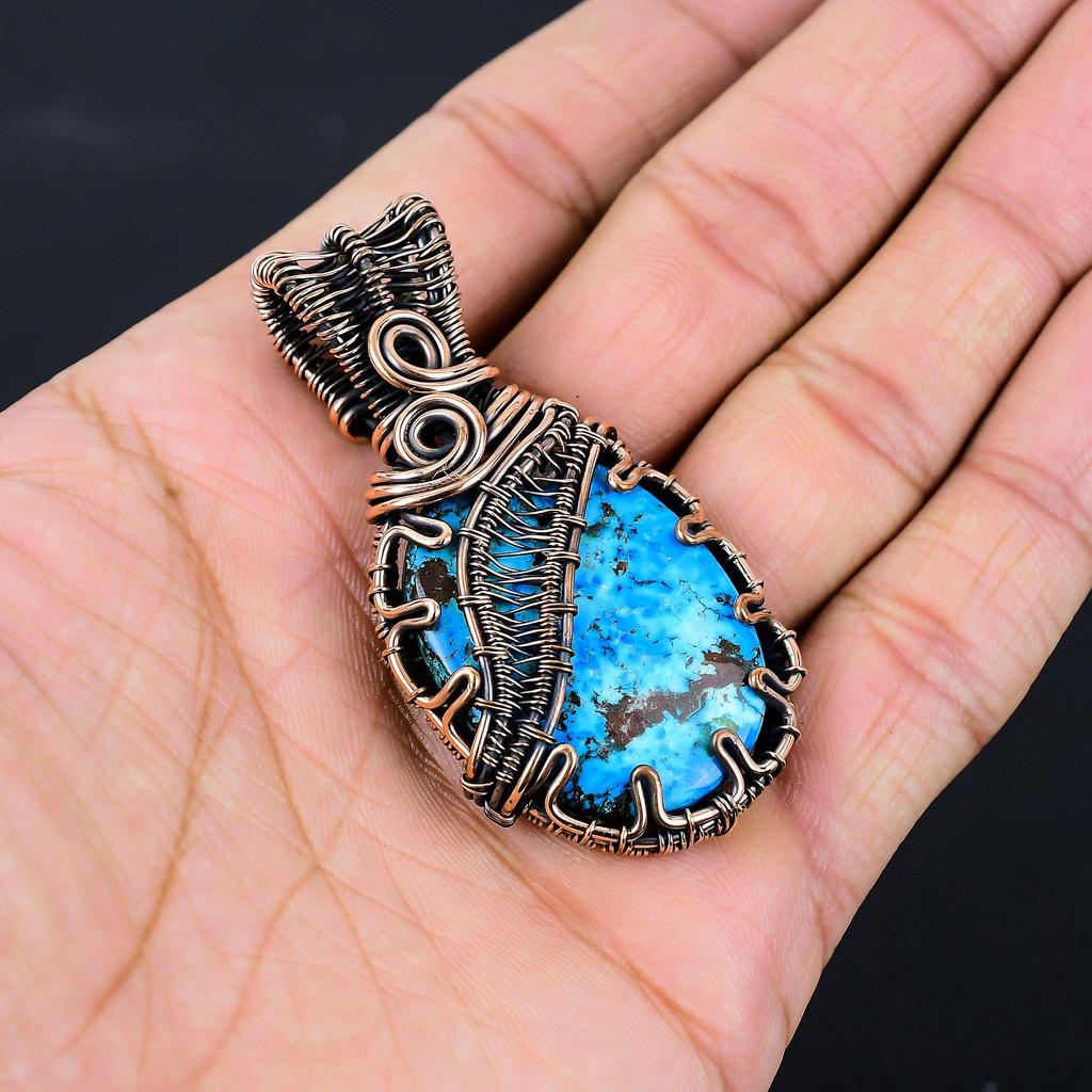Turquoise Gemstone Pure Copper Wire Wrapped Handmade Pendant Jewelry