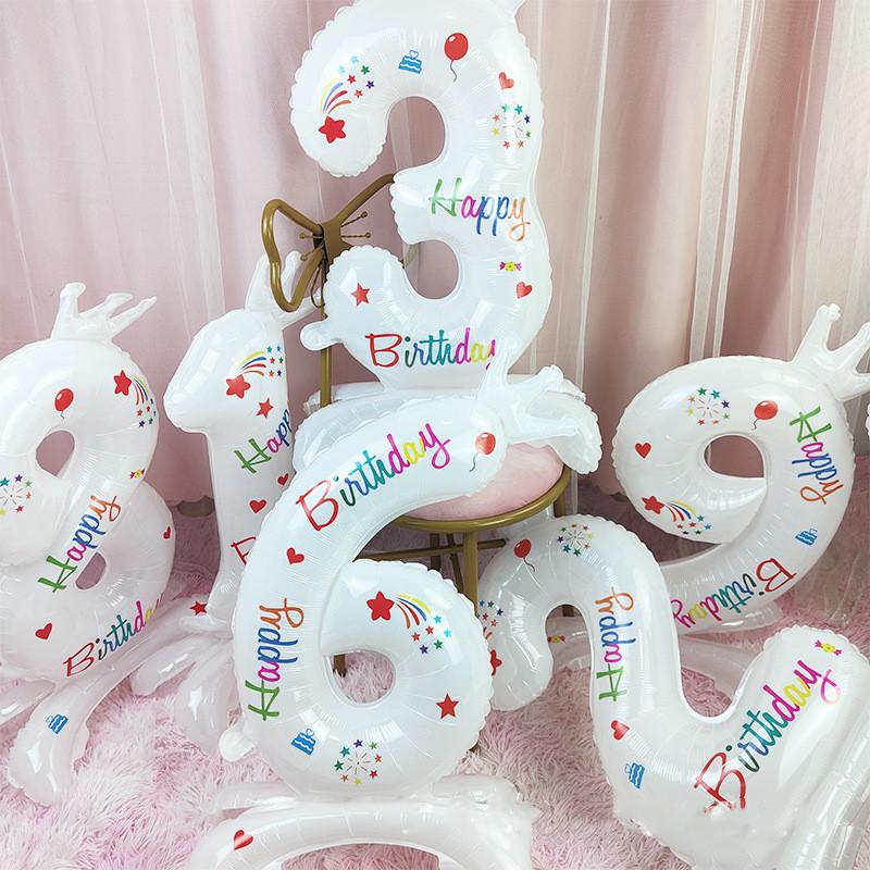 32inch Standing Number Balloons 0-9 White Crown Birthday "Happy Birthday" Balloons Birthday Party Celebration Decoration