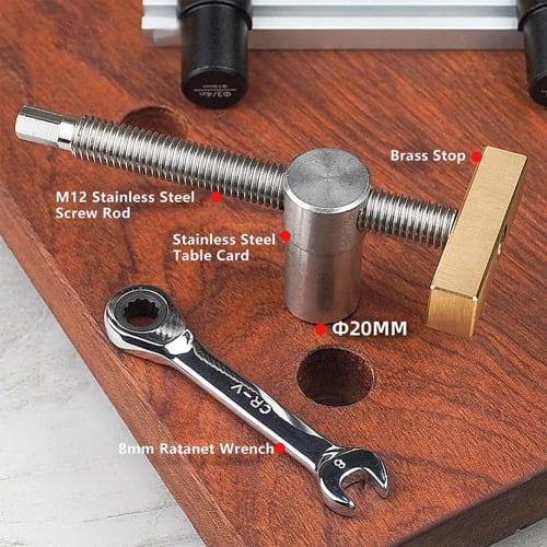 Oikabio Silver Desktop Clip with Four 20mm Dog Hole Stops, Clip Clamp Fixture Vise Bench Joinery Carpenter Tool