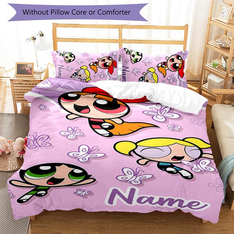 3pcs The Powerpuff Girls9 Cover Set - Personalized Name, HD Printed Bedding with 1 Cover and 2 Pillowcases - Perfect for Home Decor, Easy Care