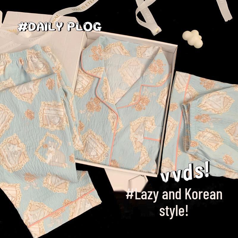 Летняя хлопковая пижама в клетку с цветочным принтом: Женский комплект из трех предметов с коротким рукавом в японском стиле - милая домашняя одежда в стиле интернет-знаменитостей.