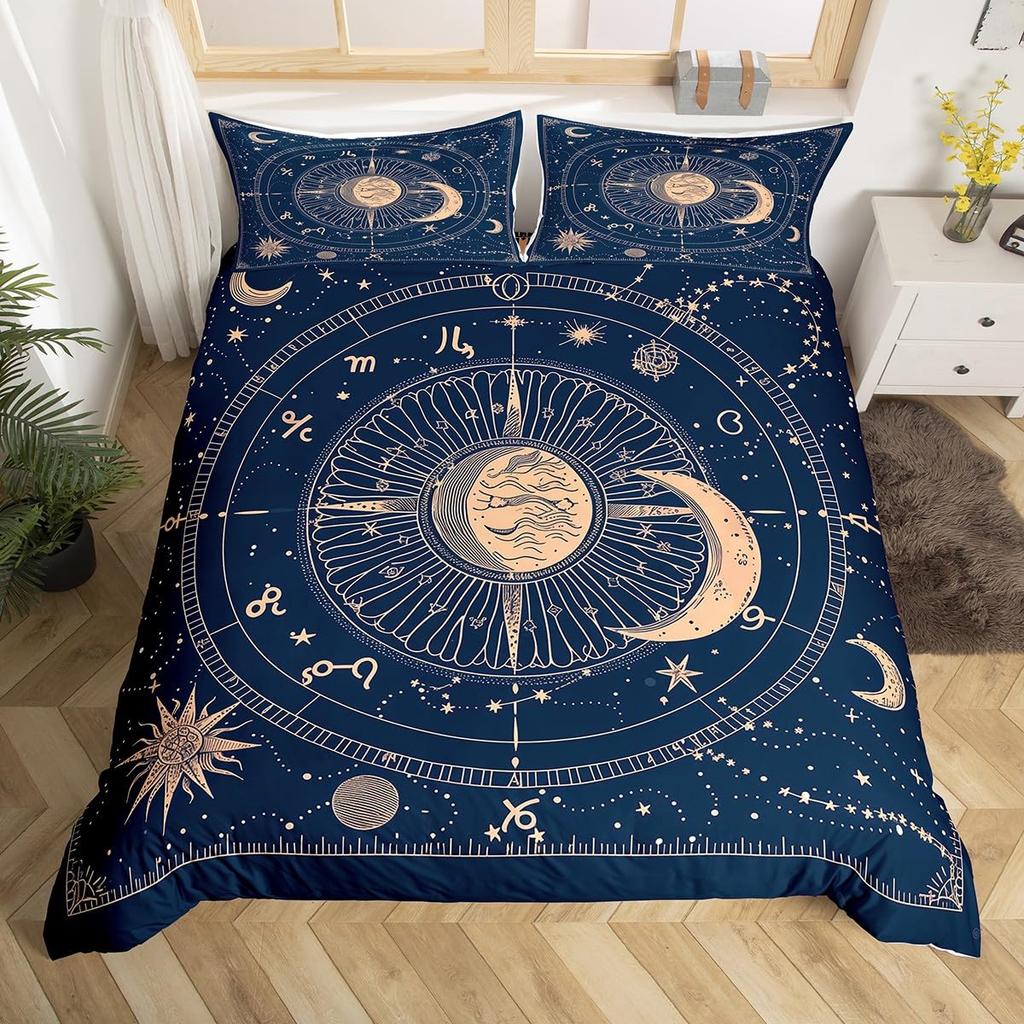 Пододеяльник Gemini Soft King, Бохо Старые Созвездия Астрология Зодиак Теплое Покрывало Mplusala Цветок Неоновый Синий Блестящий Комплект Постельного Белья