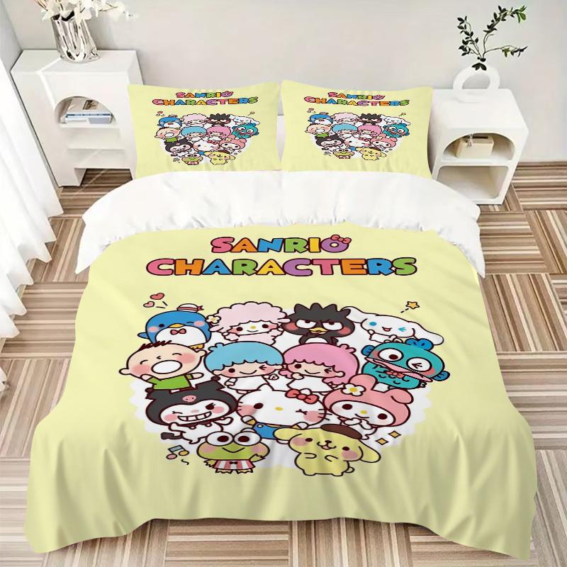 3 шт. Комплект постельного белья с рисунком «Сбор персонажей Sanrio», 1* Пододеяльник + 2* Наволочки, Комплект постельного белья с принтом, Мягкий и удобный.S085