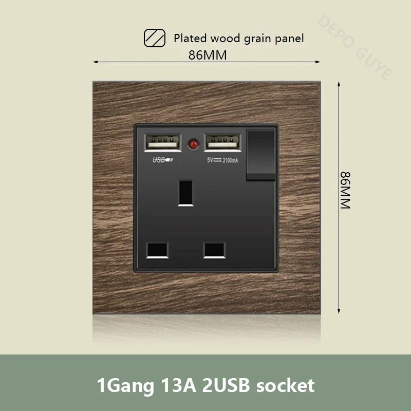 Двойная розетка UK 18W Type-C с функцией быстрой зарядки, универсальная электрическая розетка USB в стиле ретро с отделкой под дерево, электрический настенный выключатель света 220 В