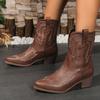 Большого размера печатные рыцарские сапоги осень и зима новые квадратный каблук средняя голень западный ковбойский стиль женские сапоги женские