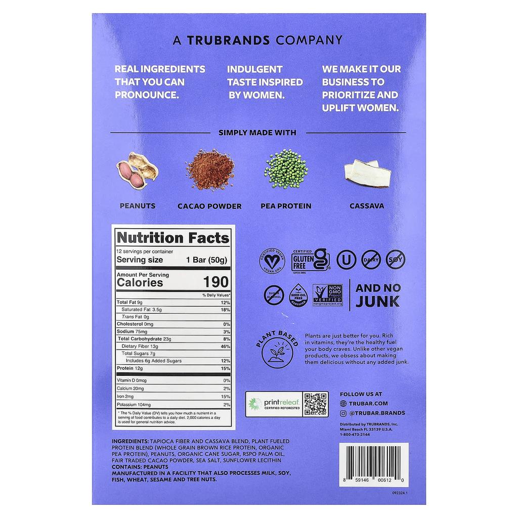 Trubar, Plant-Based Protein Bar, Smoother, Peanut Butter, 12 Bars, 50g (1.76oz) Each