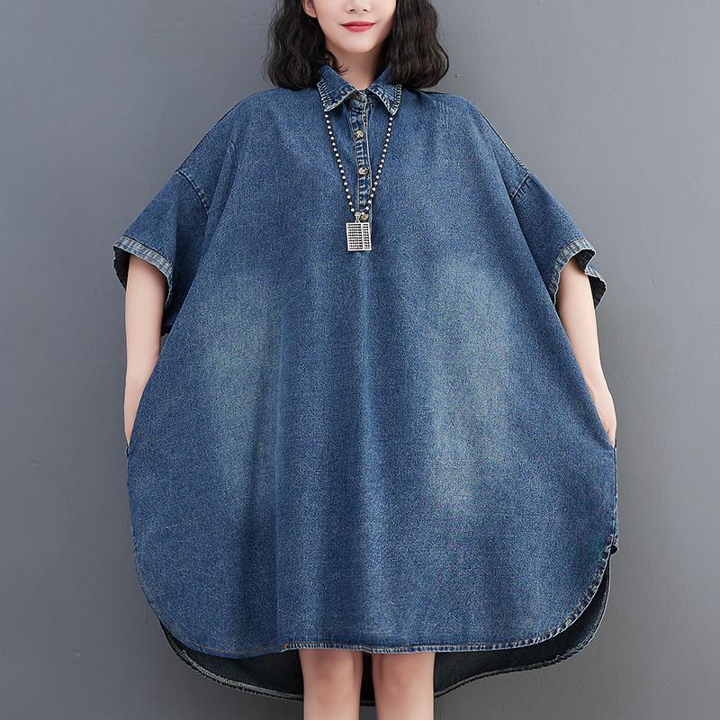 Dimanaf Women 2023 New Summer Dress Denim Dress Elegant Long Dress Short Sleeve Loose Dress Blue Basic Dresses