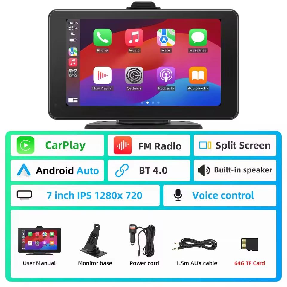 AD 7inch Carplay MP5 Player Portable BT Touch Srceen Wireless Carplay Android Auto Car Radio for iPhone Android Video Stereo