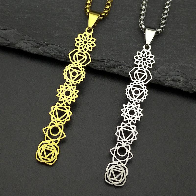 Yoga 7 Chakra Birth Flower Pendant Necklace for Women Girls Stainless Steel Gold Reiki Healing Amulet Jewelry Gift