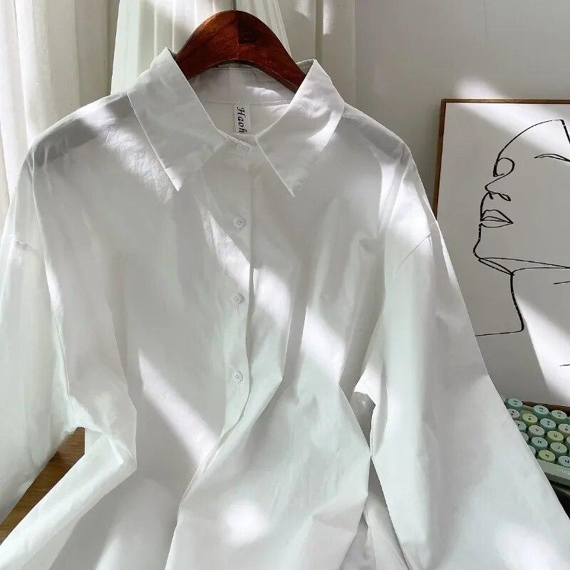 Autumn Korean Fashion Solid Simple Long Sleeve Shirt Women Cotton Blouse Turn Down Collar Tops Loose Clothes Blusas 29622