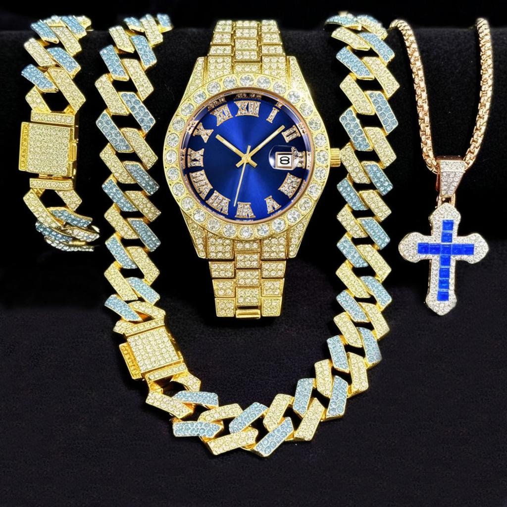 Men's Steel Strap Quartz Hip Hop Business Calendar Full Diamond Cuban Chain Colored Cross Luminous