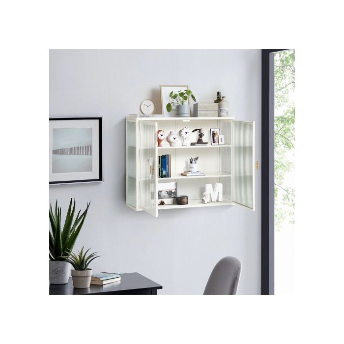 Armoire murale - MUVOE - 70 cm - Double porte vitrée - Blanc - 3 niveaux de rangement