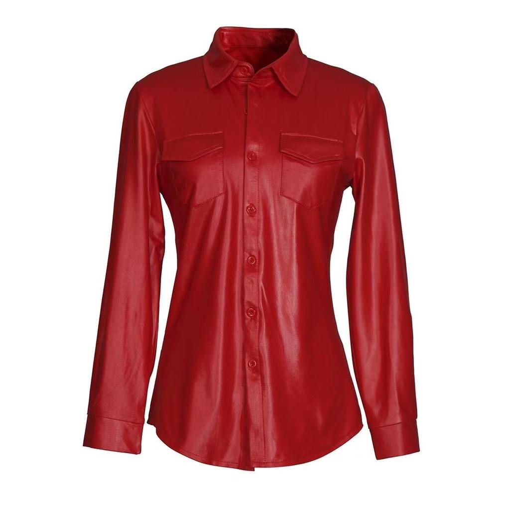 Women's Casual Long-Sleeve Faux PU Leather Jacket with Chest Pocket