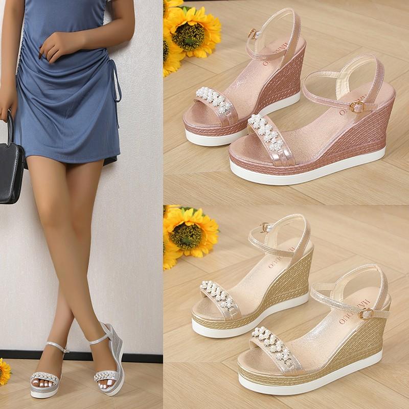 Fashion Women's Platform Sandals 2024 Summer Pearl High Heels Fashion Women's Wedge Sandals Beach Shoes