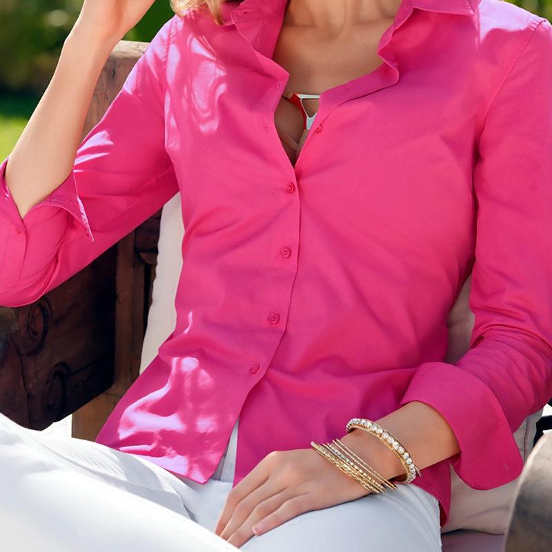 Модные облегающие рубашки с длинным рукавом, однотонные хлопковые женские рубашки с лацканами, блузки, однотонные, S-XXL