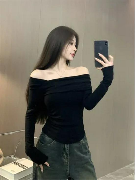 2024 Spring Korean Shoulder-Slit Slim Long-Sleeve T-Shirt for Women