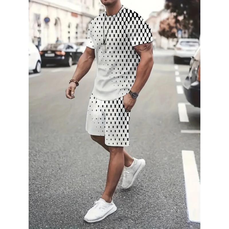 2025 Urban Street Trend Men's Suit Summer Casual Short Sleeve Shorts 2 Pieces Unique Geometric Print Outdoor Casual