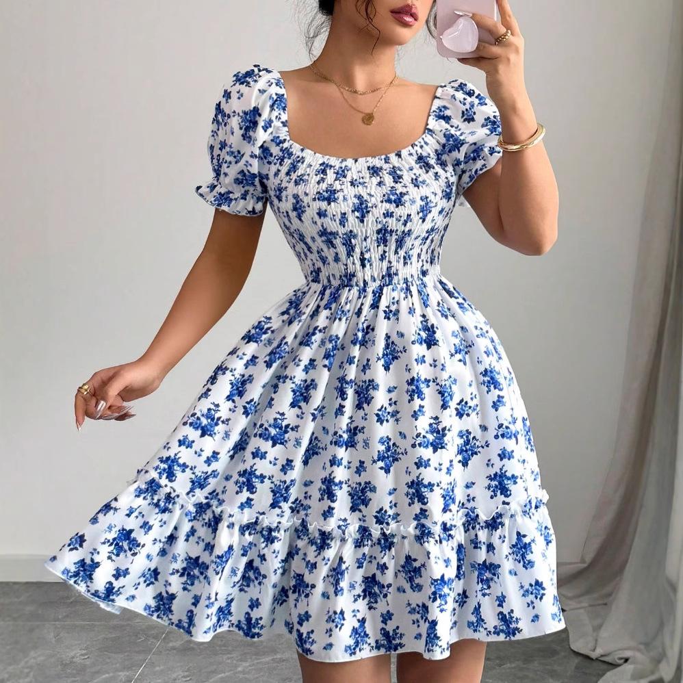 Новое платье-тубус на бретельках, платье на талии, для отпуска, богемное, с рукавами-пузырями, в цветочек, Европа и Америка