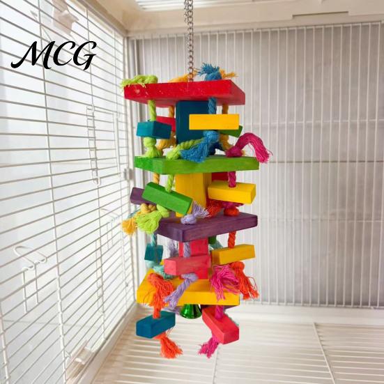 Cotton Rope Bird Toy Parrot Chewing for Macaws African Greys, Colorful Wooden Block Puzzle with Multi-layer Tassels, Hanging Interactive Activity