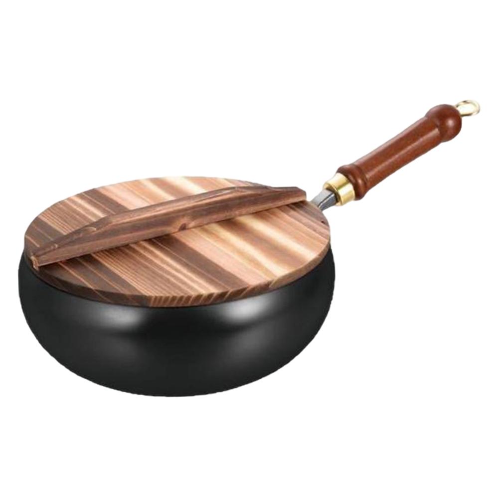 24CM Nonstick Wok Wooden Handle Non-Stick Pan with Lid Iron Wok for Home Camping Restaurant Hotel Kitchen
