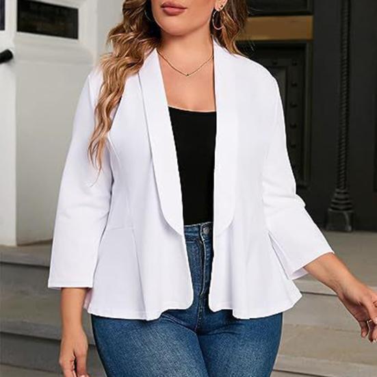 Plus Size Women Suit Coat Lapel Long Sleeve Ruffle Hem Open Front Suit Jacket Solid Color Versatile Business Outerwear