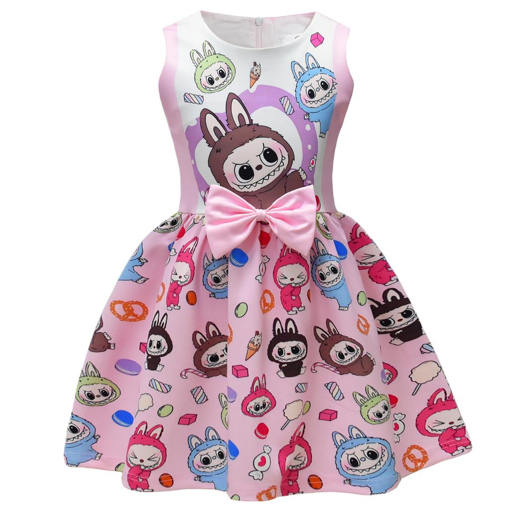 Детское платье для девочек, аниме, мультяшный принт эльфа, без рукавов, с бантом, повседневное, для вечеринки, принцессы