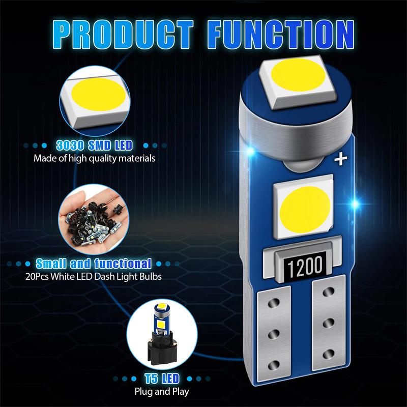 20Pcs Car Dashboard Instrument Panel Lamp Bulb 12V Canbus T5 58 74 286 W1.2W 3030 LED 3SMD Wedge LED Light