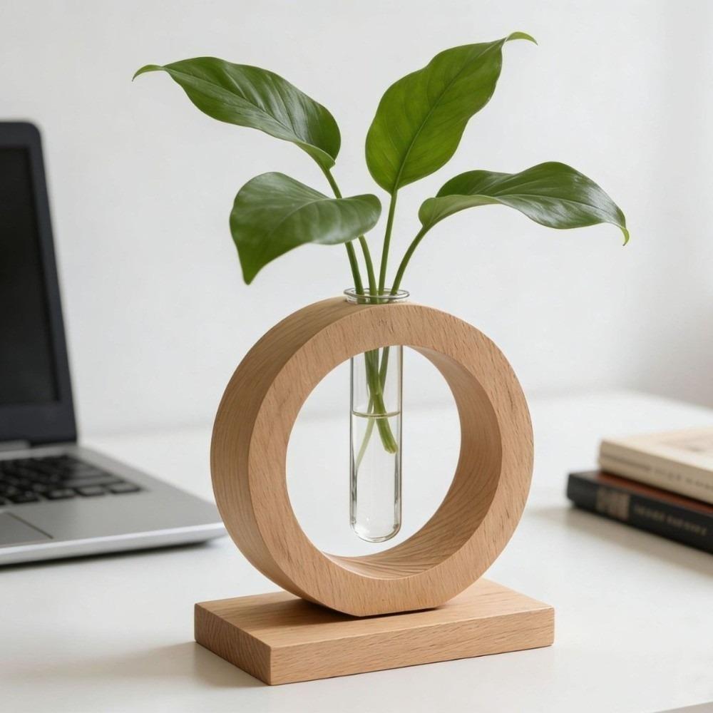 Home Decoration Hydroponic Flower Pot Wooden Small Glass Vase Decorative Vase Desktop Decor
